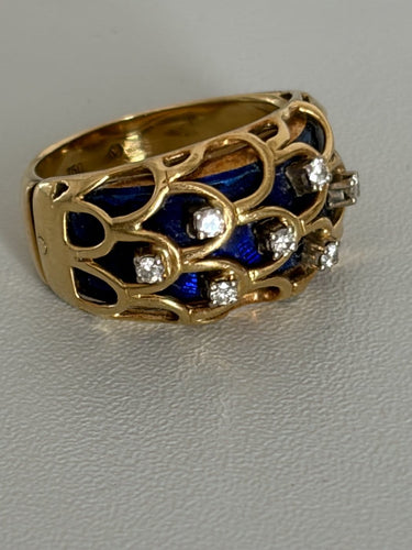 Bague 55.5 Fabergé - Bague bandeau en or jaune 18k, émail bleu et diamants 58 Facettes LOT 7526