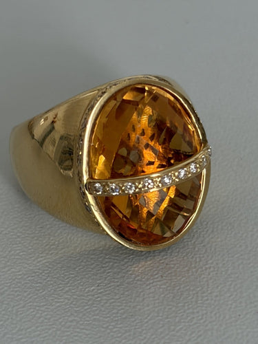 Bague 52.5 Bague chevalière - Citrine et diamants en or jaune 18k 58 Facettes LOT 7513