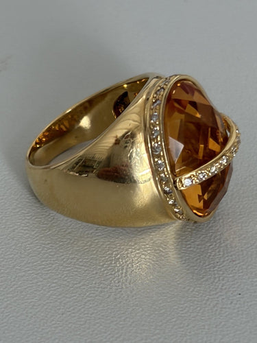 Bague 52.5 Bague chevalière - Citrine et diamants en or jaune 18k 58 Facettes LOT 7513