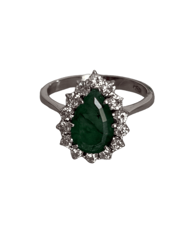 Bague 53 Bague en or gris 18k émeraude poire et diamants 58 Facettes LOT 7471B