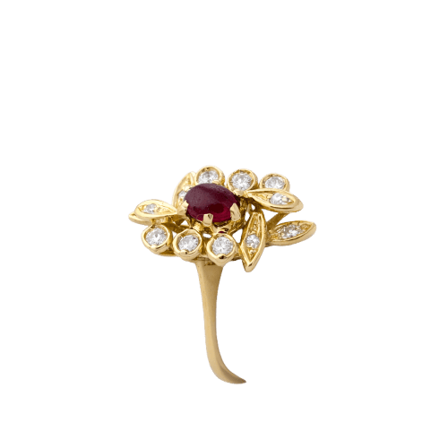 Bague 55 Bague en or jaune 18 carats rubis cabochon et diamants 58 Facettes 35964