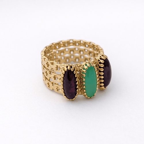 Bague 55 Bague ajourée en or jaune 18 carats avec grenats et calcédoine 58 Facettes 35139