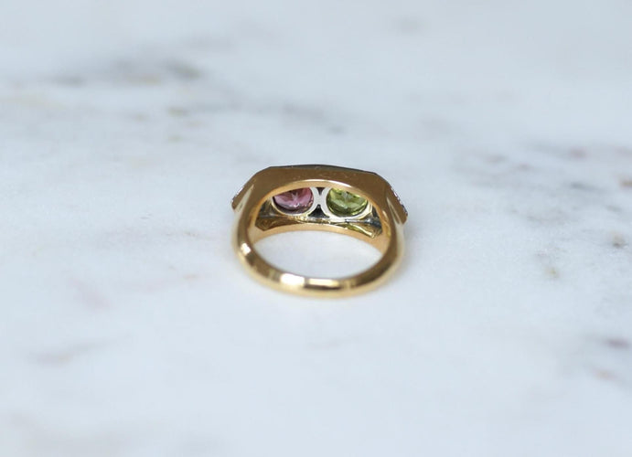 Bague 55 Bague en or jaune 18 ct péridot, tourmaline rose et diamants 58 Facettes
