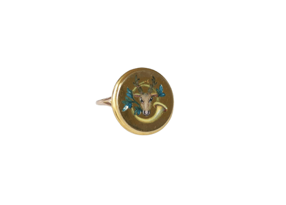 Bague 55 Bague ancienne - Cerf et cor de chasse en or jaune 58 Facettes