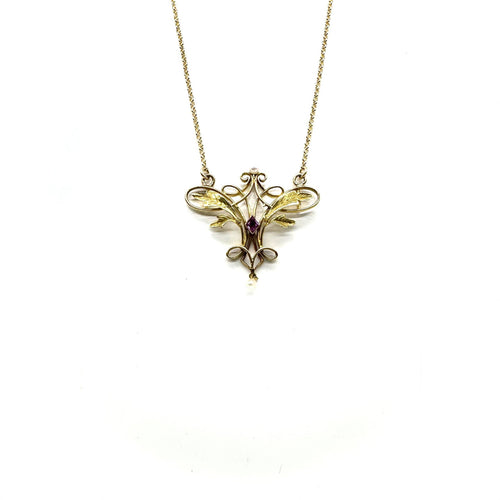 Collier Collier Art nouveau - Grenat et perles blanches en or jaune 58 Facettes Z1351953