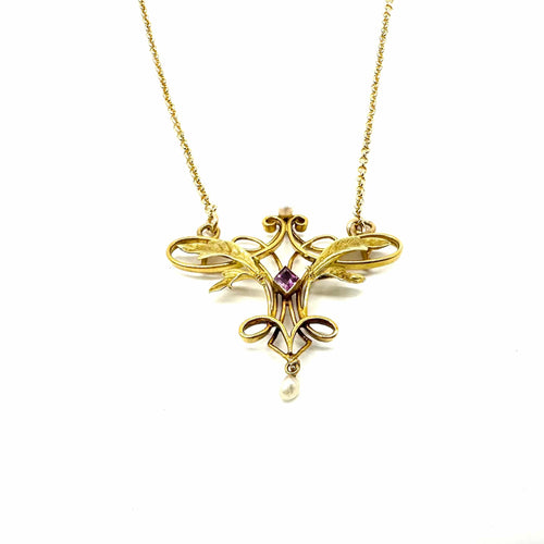 Collier Collier Art nouveau - Grenat et perles blanches en or jaune 58 Facettes Z1351953