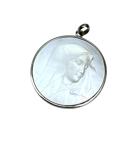 Pendentif Médaille Vierge en nacre et or blanc 18 carats, 26,5 mm 58 Facettes AB697