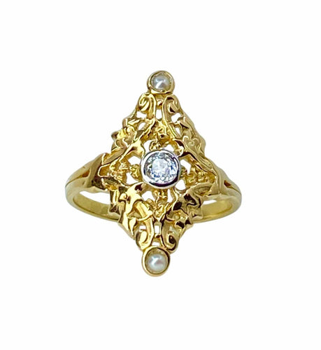 Bague 56 Bague marquise en or jaune 18 carats avec diamant et perles 58 Facettes AB704