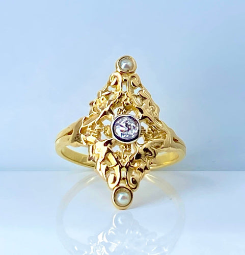 Bague 56 Bague marquise en or jaune 18 carats avec diamant et perles 58 Facettes AB704