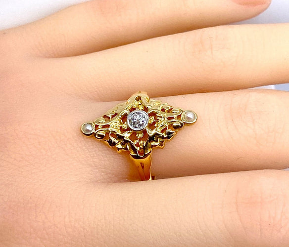 Bague 56 Bague marquise en or jaune 18 carats avec diamant et perles 58 Facettes AB704