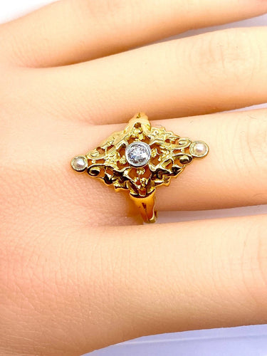 Bague 56 Bague marquise en or jaune 18 carats avec diamant et perles 58 Facettes AB704