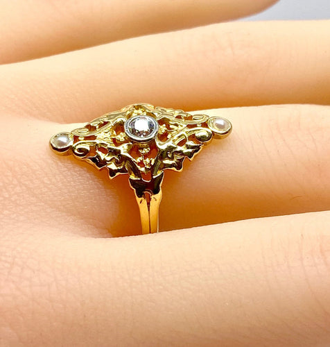 Bague 56 Bague marquise en or jaune 18 carats avec diamant et perles 58 Facettes AB704