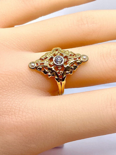 Bague 56 Bague marquise en or jaune 18 carats avec diamant et perles 58 Facettes AB704