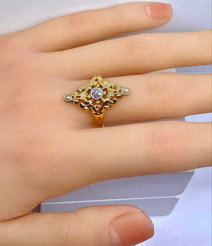 Bague 56 Bague marquise en or jaune 18 carats avec diamant et perles 58 Facettes AB704