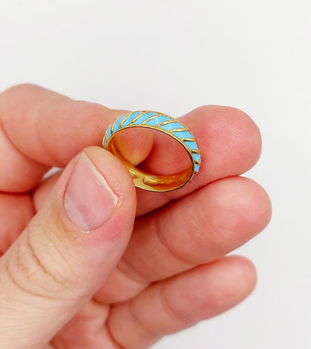 Bague 56 Bague jonc vintage - motifs cannelés en or jaune 18k et émail bleu ciel 58 Facettes A06938