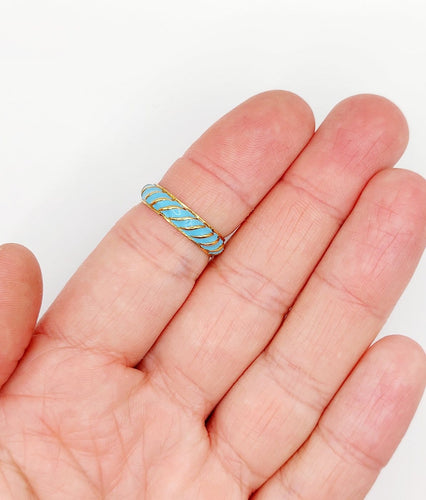 Bague 56 Bague jonc vintage - motifs cannelés en or jaune 18k et émail bleu ciel 58 Facettes A06938