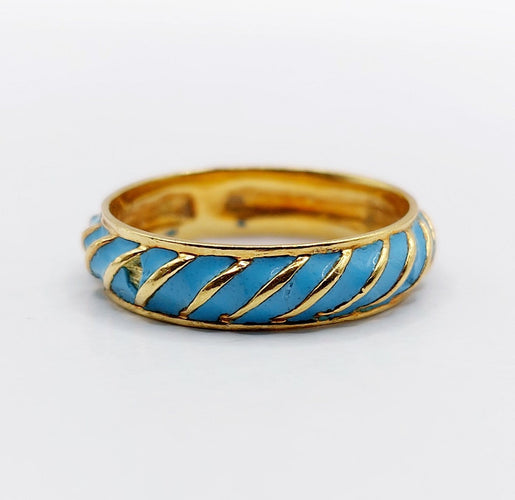 Bague 56 Bague jonc vintage - motifs cannelés en or jaune 18k et émail bleu ciel 58 Facettes A06938