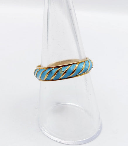 Bague 56 Bague jonc vintage - motifs cannelés en or jaune 18k et émail bleu ciel 58 Facettes A06938