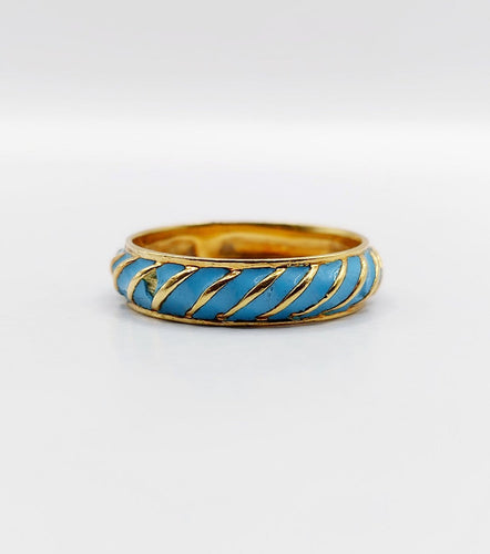 Bague 56 Bague jonc vintage - motifs cannelés en or jaune 18k et émail bleu ciel 58 Facettes A06938