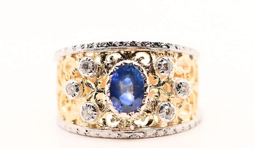 Bague 54 Bague - Saphir 0,95 ct et diamants en or jaune et or blanc 18 carats 58 Facettes