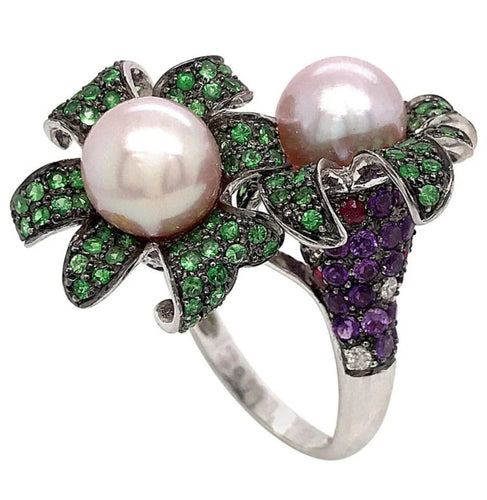 Bague 54 Bague en or blanc 18 carats avec perles de culture et pierres précieuses 58 Facettes