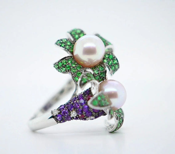 Bague 54 Bague en or blanc 18 carats avec perles de culture et pierres précieuses 58 Facettes