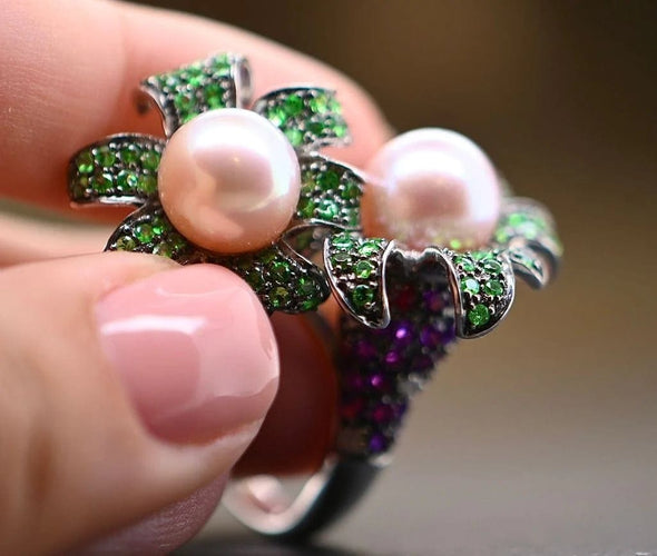 Bague 54 Bague en or blanc 18 carats avec perles de culture et pierres précieuses 58 Facettes