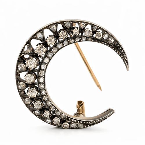 Broche Broche croissant de lune Napoléon III en or 18 ct, argent et diamants 58 Facettes Crois