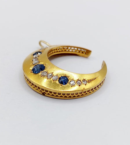 Pendentif Pendentif croissant de lune victorien en or 18k, saphirs et diamants 58 Facettes A06853