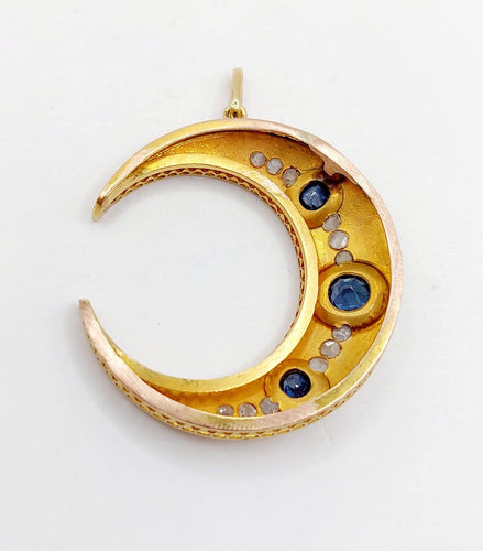 Pendentif Pendentif croissant de lune victorien en or 18k, saphirs et diamants 58 Facettes A06853