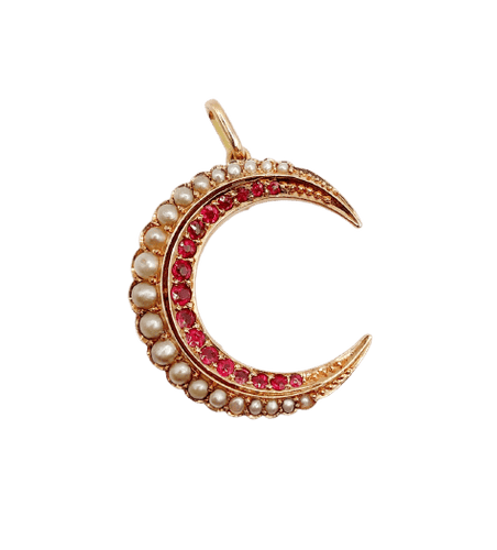 Pendentif Pendentif croissant de lune antique en or rose 14k, perles et pierres rouges 58 Facettes A06872