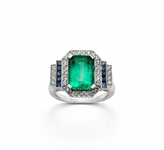 Bague 55 Bague - Émeraude colombienne octogonale, diamants et saphirs en or blanc 18k 58 Facettes 50404