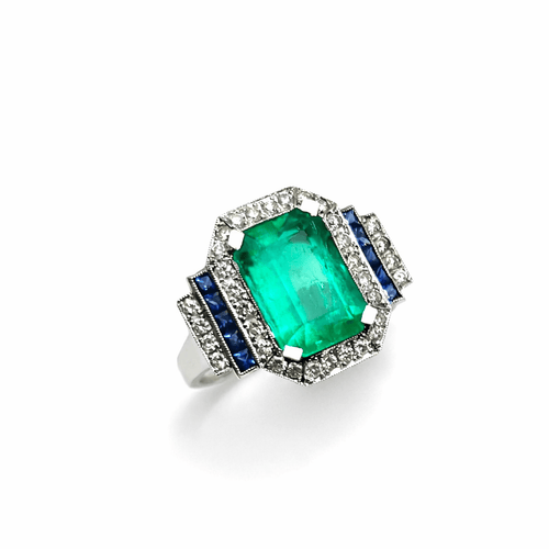 Bague 55 Bague - Émeraude colombienne octogonale, diamants et saphirs en or blanc 18k 58 Facettes 50404