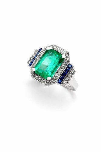 Bague 55 Bague - Émeraude colombienne octogonale, diamants et saphirs en or blanc 18k 58 Facettes 50404