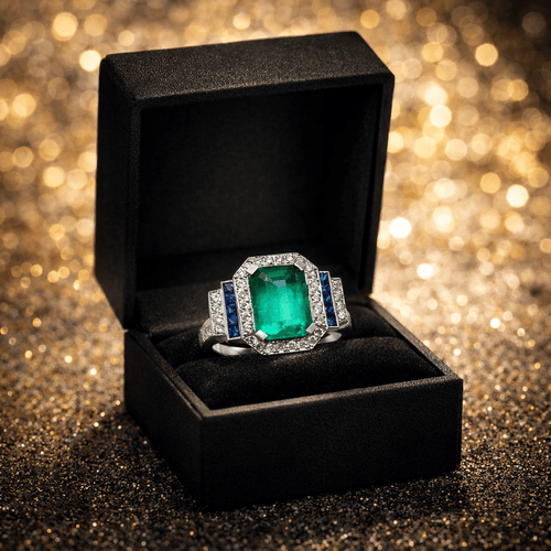 Bague 55 Bague - Émeraude colombienne octogonale, diamants et saphirs en or blanc 18k 58 Facettes 50404