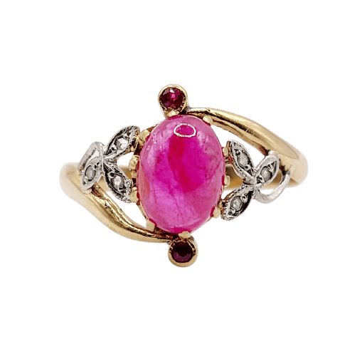 Bague 54 Bague Art nouveau en or 18k et platine, rubis cabochon et diamants 58 Facettes A06780