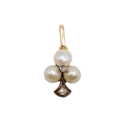 Pendentif Pendentif trèfle victorien en or rose 14k, perles et diamants taille rose 58 Facettes A06882