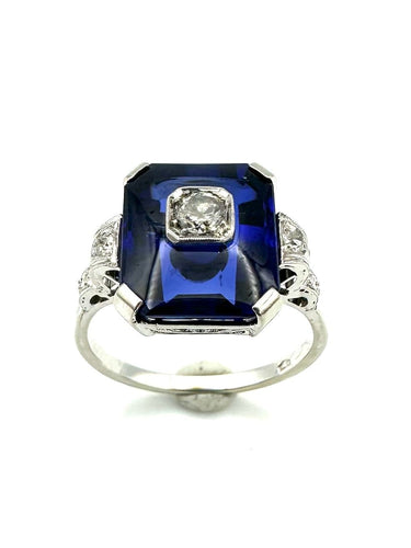 Bague 54 Bague Art déco en or blanc 580/00, saphir synthétique et diamants 58 Facettes BAGUE VINTAGE