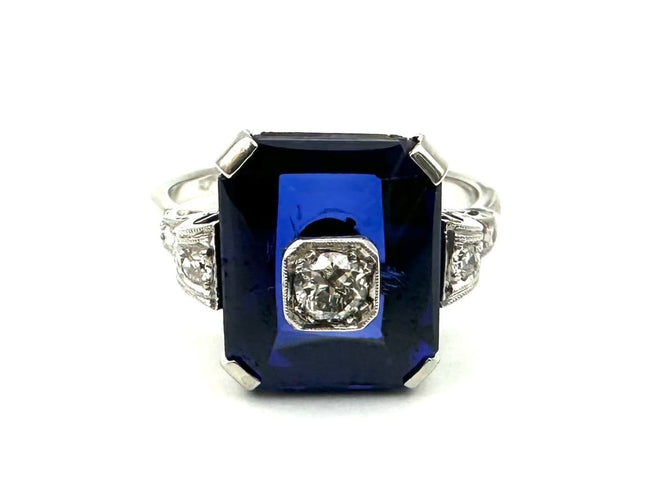 Bague 54 Bague Art déco en or blanc 580/00, saphir synthétique et diamants 58 Facettes BAGUE VINTAGE