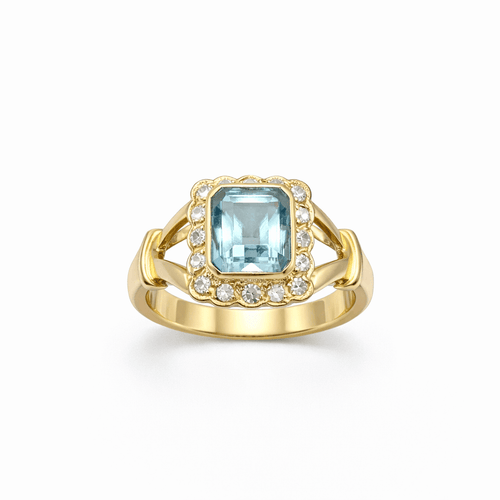 Bague 57 Bague en or jaune 18 carats avec aigue-marine et diamants 58 Facettes 50381