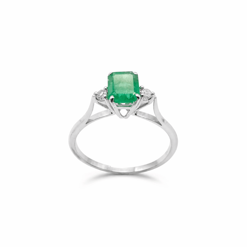 Bague 56 Bague en or blanc 18 carats avec émeraude et diamants 58 Facettes Bague en or blanc, émeraude & diamants