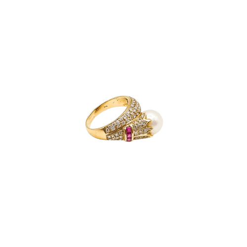Bague 54 Bague en or jaune 18 carats avec perle de Tahiti, diamants et rubis 58 Facettes Bague #5016