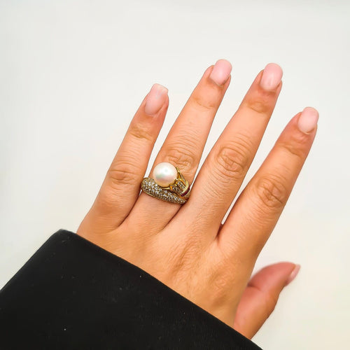Bague 54 Bague en or jaune 18 carats avec perle de Tahiti, diamants et rubis 58 Facettes Bague #5016
