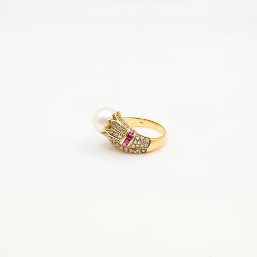 Bague 54 Bague en or jaune 18 carats avec perle de Tahiti, diamants et rubis 58 Facettes Bague #5016