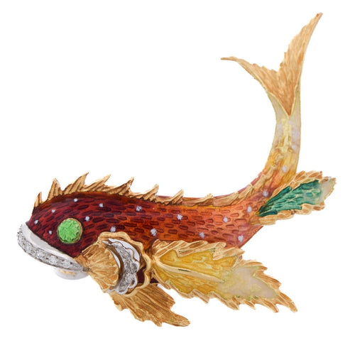Broche Spilla vintage poisson stylisé en or jaune 18 carats, émail et diamants 58 Facettes SP43 '(06329)