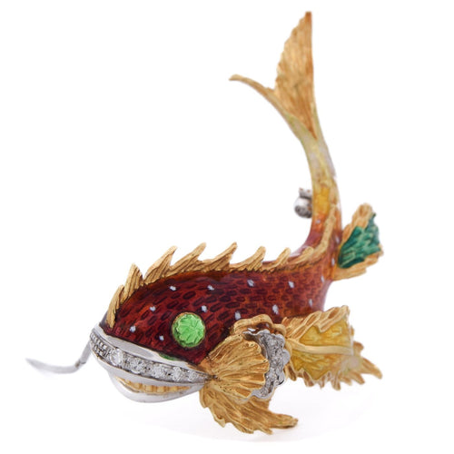 Broche Spilla vintage poisson stylisé en or jaune 18 carats, émail et diamants 58 Facettes SP43 '(06329)