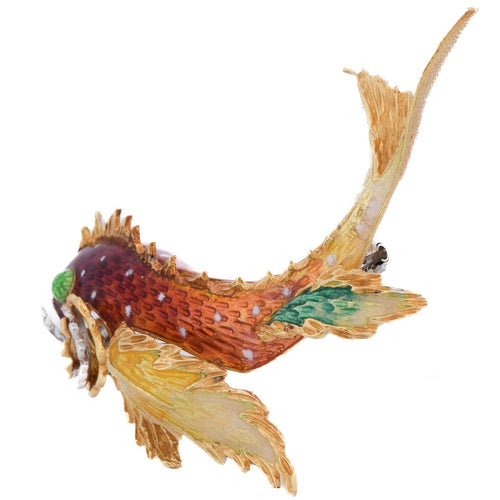 Broche Spilla vintage poisson stylisé en or jaune 18 carats, émail et diamants 58 Facettes SP43 '(06329)