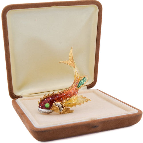 Broche Spilla vintage poisson stylisé en or jaune 18 carats, émail et diamants 58 Facettes SP43 '(06329)