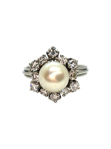 Bague 55 Bague en or blanc 18K avec perle naturelle et diamants 0,90 ct 58 Facettes 1777