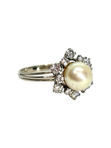 Bague 55 Bague en or blanc 18K avec perle naturelle et diamants 0,90 ct 58 Facettes 1777